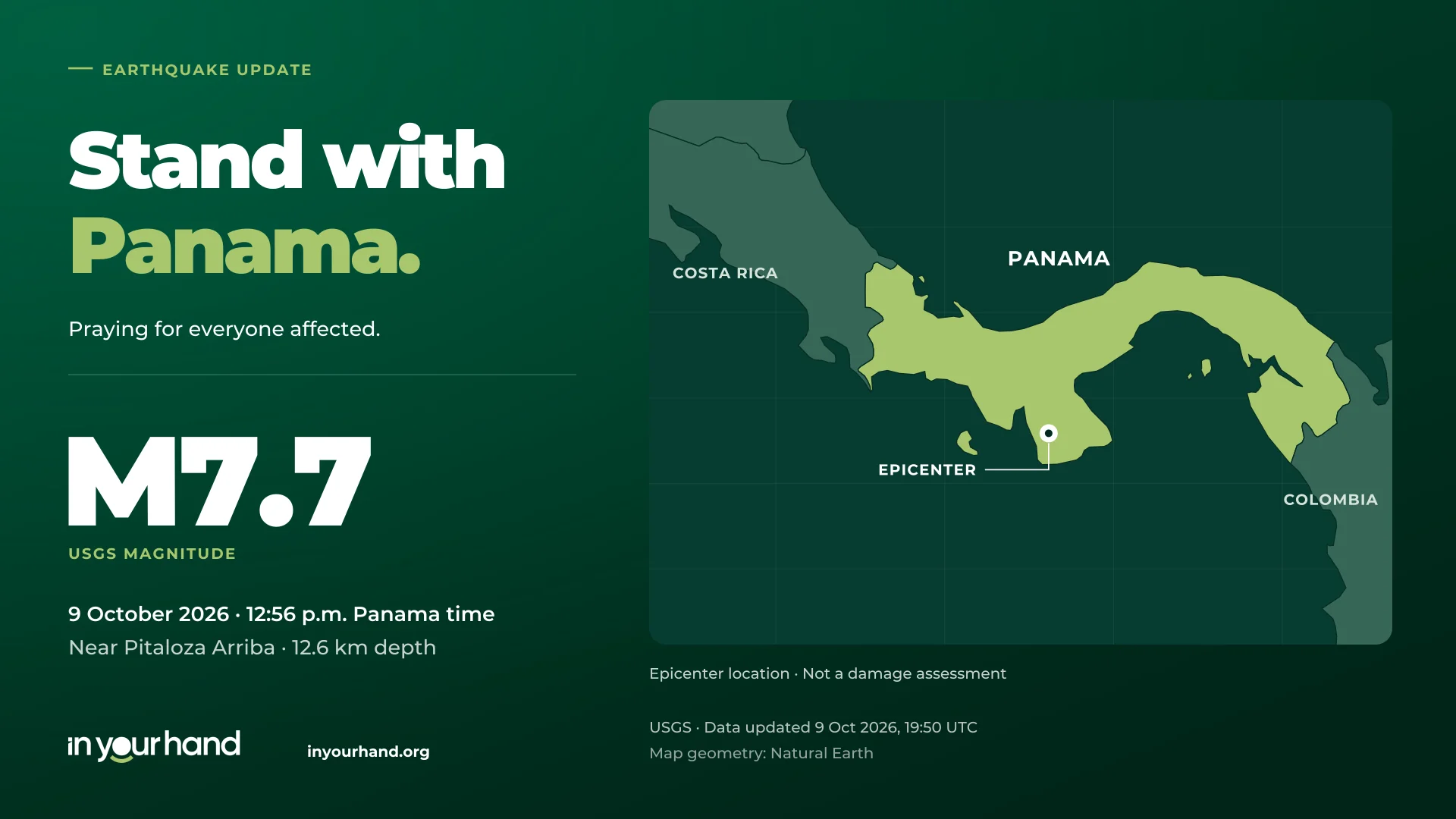 Stand with Panama: a magnitude 7.7 earthquake struck near Pitaloza Arriba, Panama, on 9 October 2026